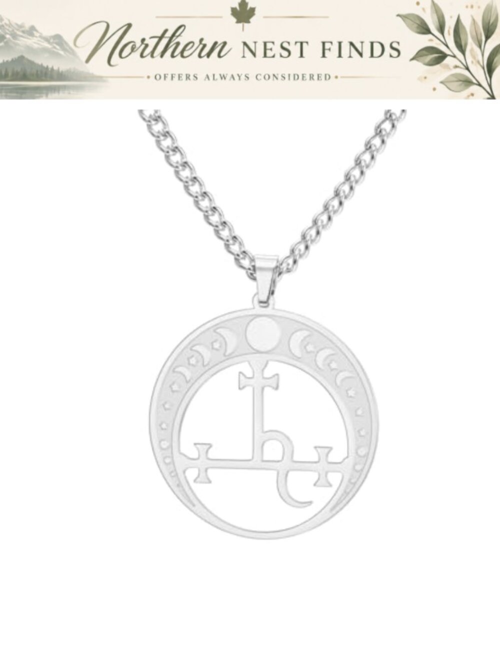 Lilith Sigil Moon Phase Pendant Necklace Stainless Steel Witchy Amulet